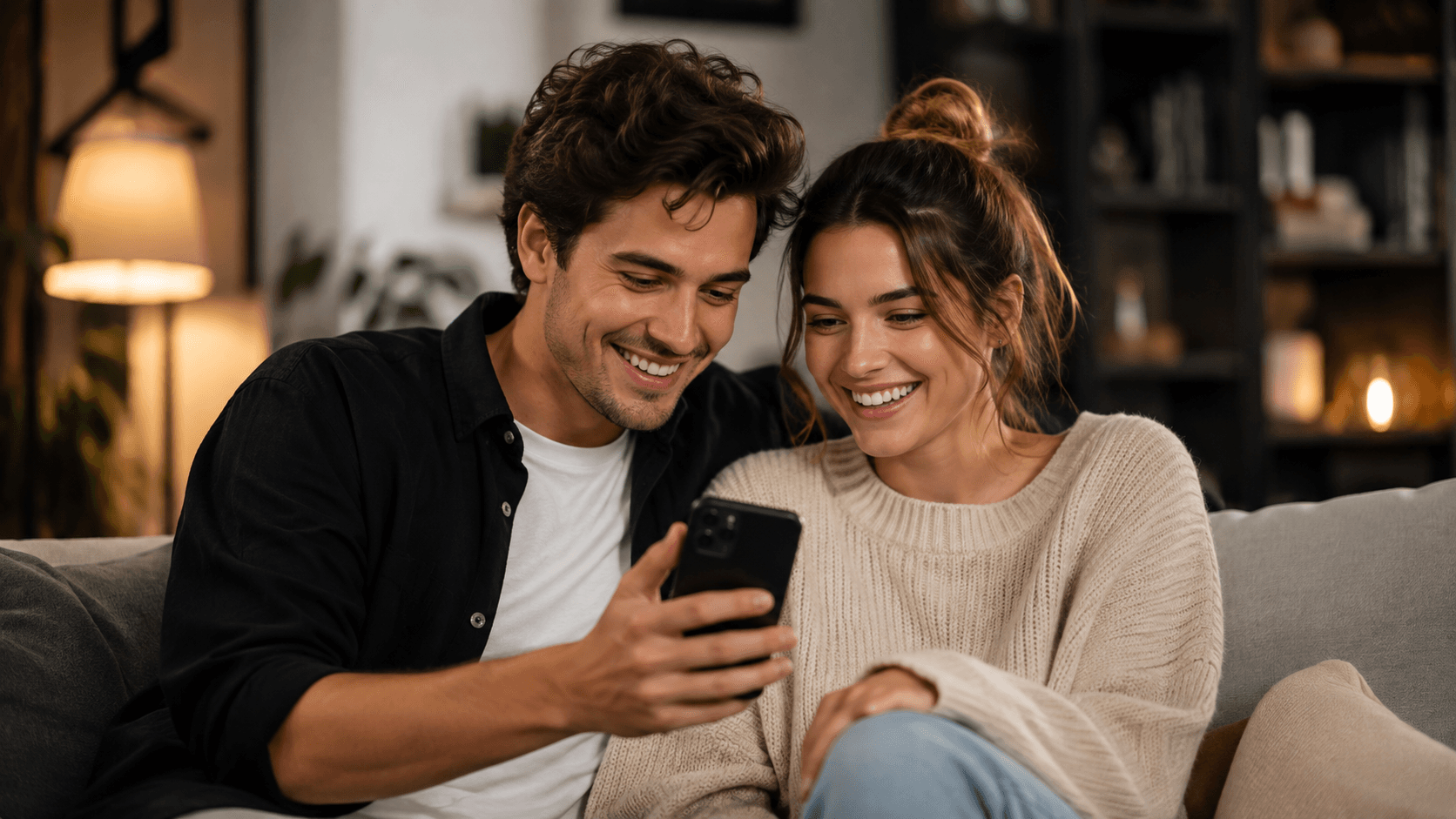 Two people looking at Oriko chats on a couch
